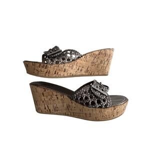 Yellow Box Cork Wedge Sandals Metallic Rhinestone Buckle Debbie Size 7.5